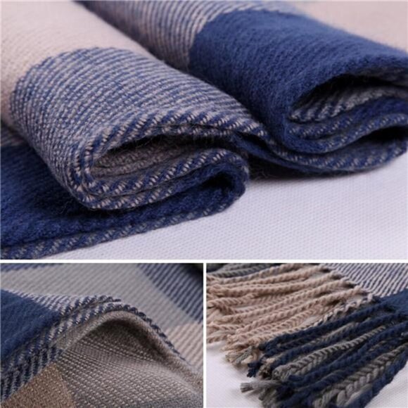 Blanket Scarf Long Plaid Women's Chunky Oversized Fall Warm Winter Grey Blue - Picture 2 of 7